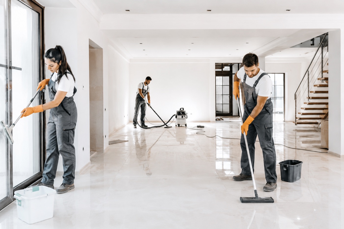 Piso em ambiente interno durante limpeza pós-obra